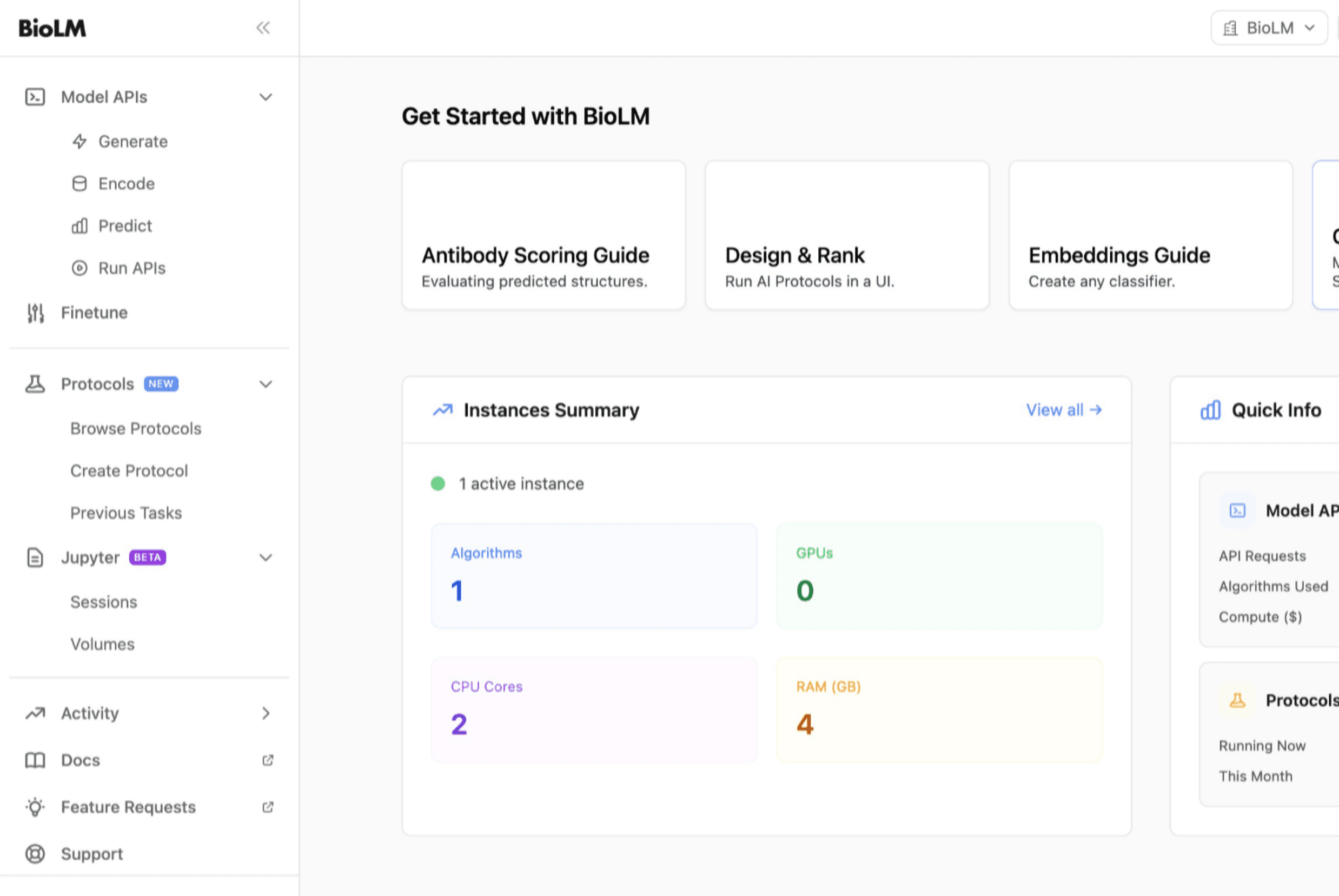 Screenshot showing BioLM Console interface